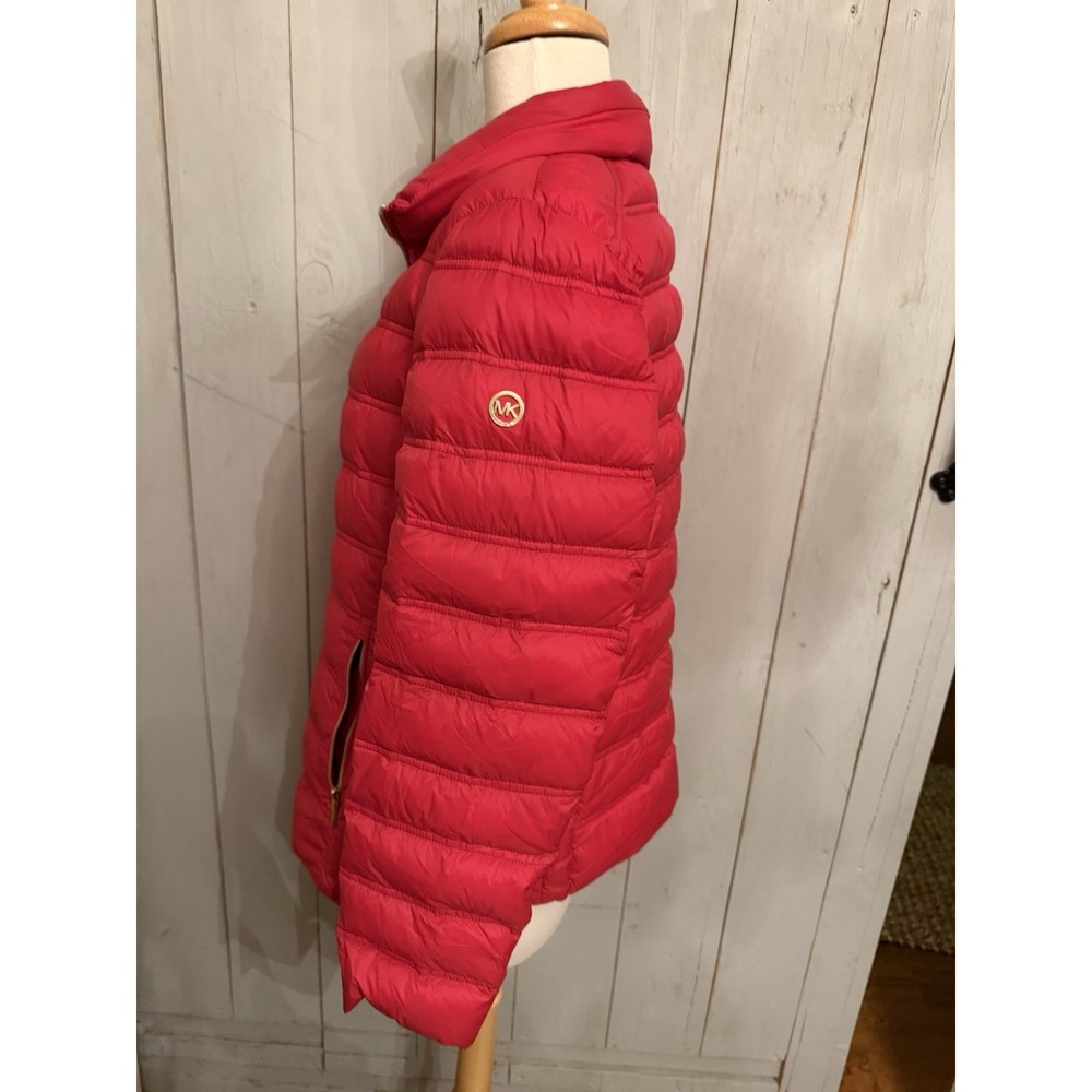MICHAEL KORS Red Quilted Lg Packable Puffer Down Jacket Coat Gold Zip L5 - Picture 8 of 9